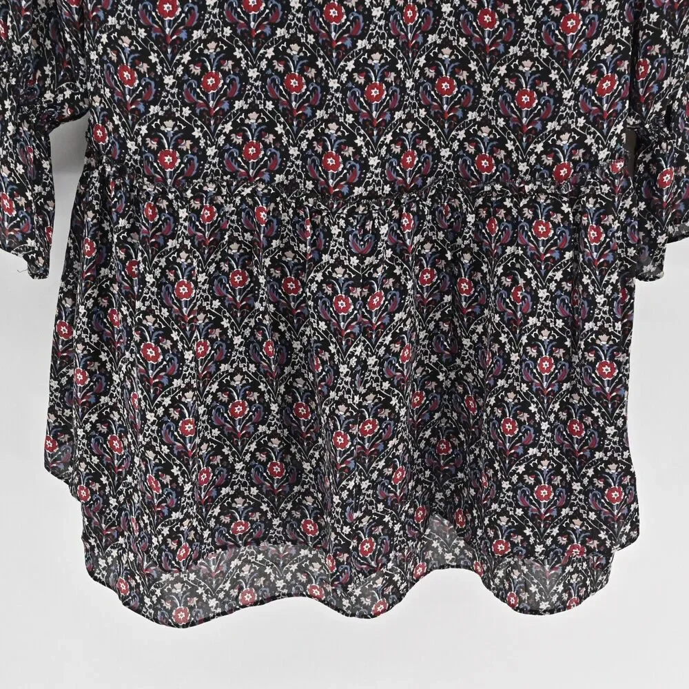 JOIE Dress Sz S Jamira Black Floral Silk Tie Neck Bell Sleeve Ruffle Mini Ditsy‎